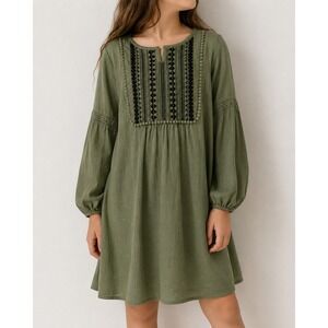 Old Navy Girls Olive Green Embroidered Bib Long Sleeve Shift Dress L 10-12 Plus